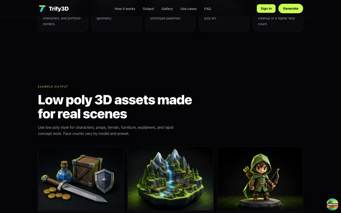 Finished low-poly 3D assets generated from images, ready for games and real-time scenes