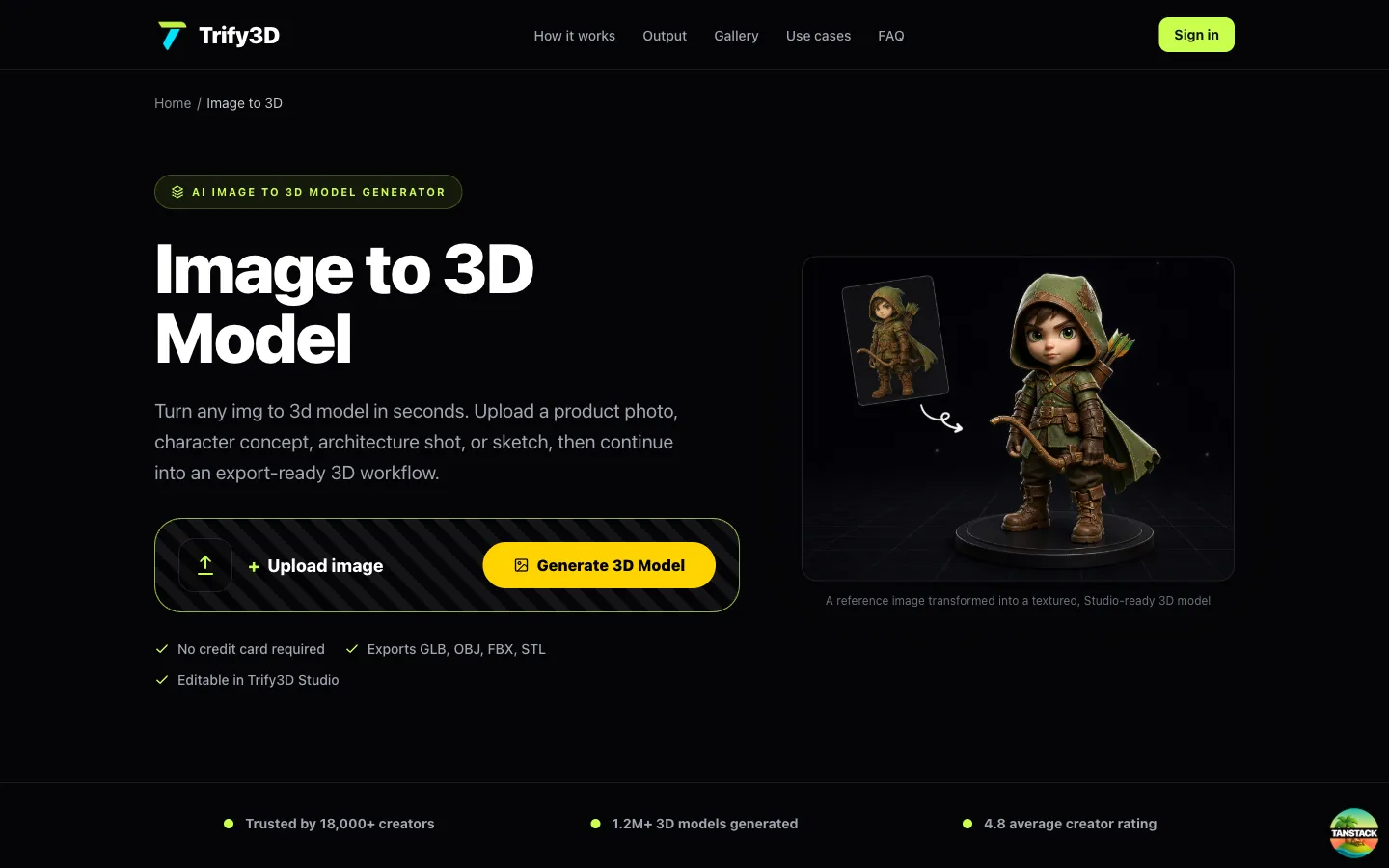 A reference image converted into a stylized 3D character model, illustrating the AI image-to-3D modeling process