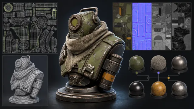 3D model surface covered with PBR texture maps, illustrating the texture creation workflow