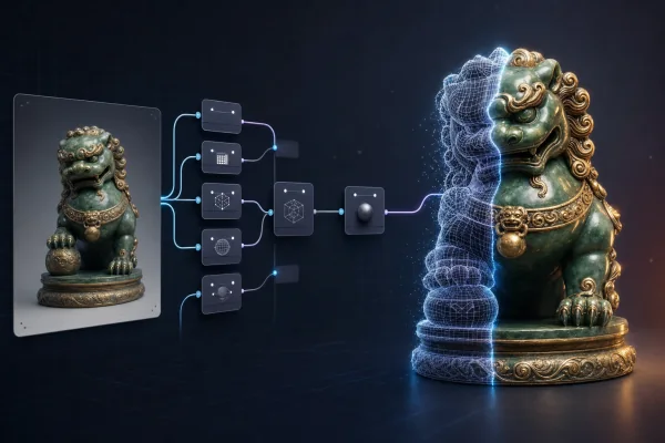 Hunyuan 3D image-to-3D workflow running in ComfyUI producing a textured 3D mesh