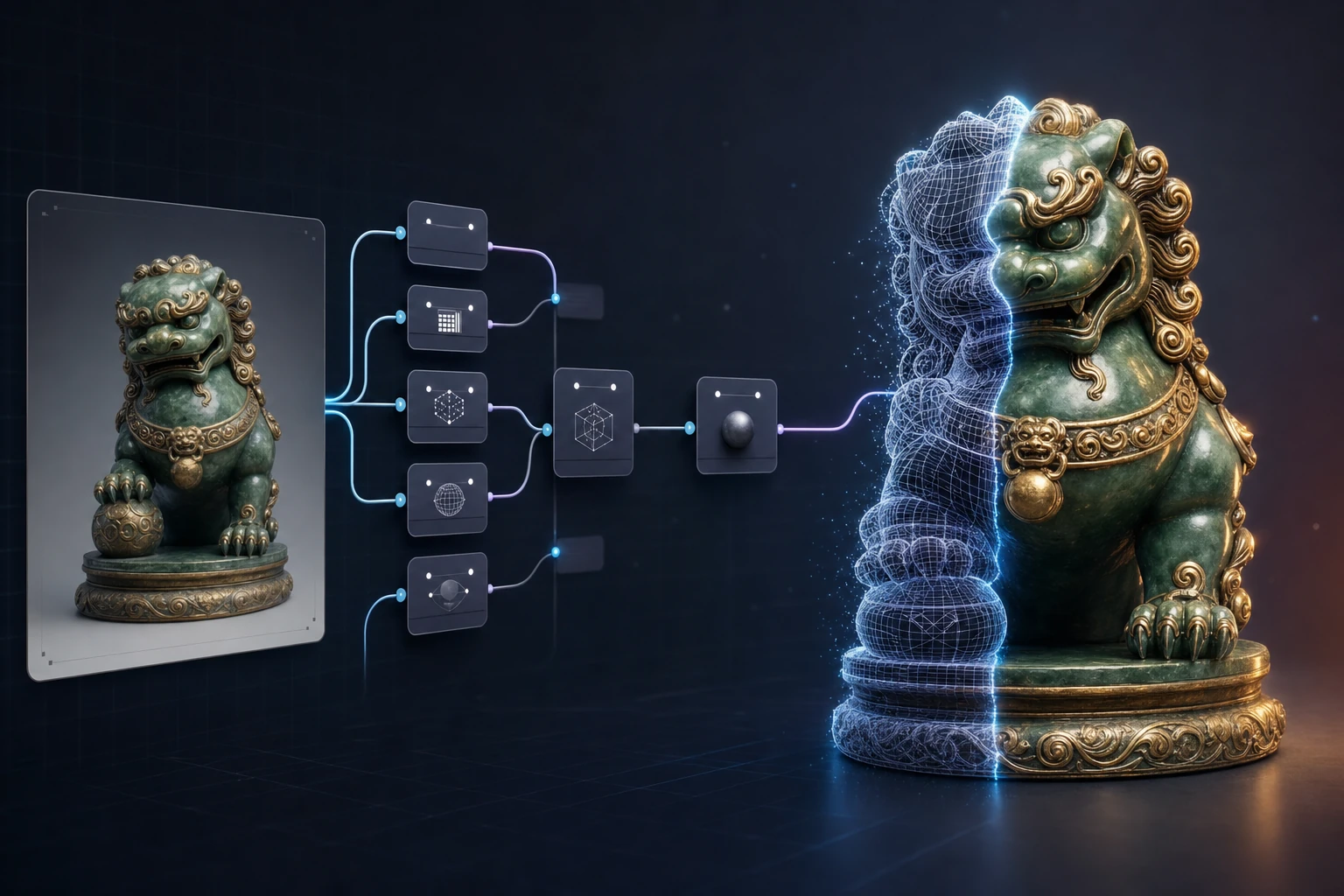 Hunyuan 3D image-to-3D workflow running in ComfyUI producing a textured 3D mesh