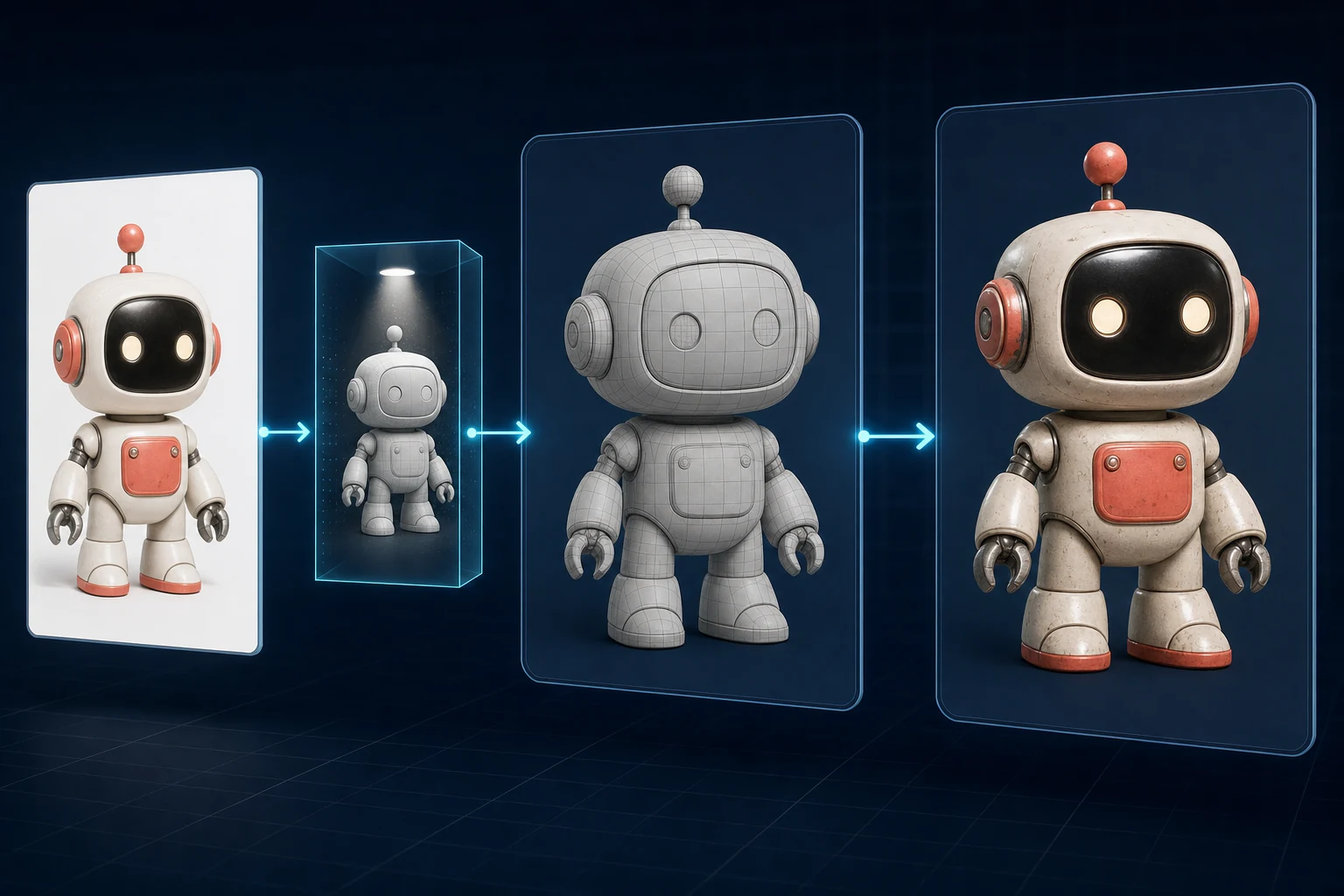 Hunyuan3D pipeline transforming a reference image into bare 3D geometry and then a textured PBR model