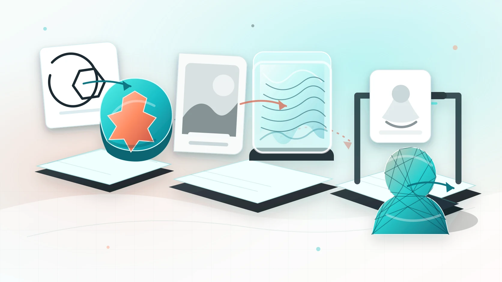A three-stage image to STL workflow showing a 2D icon extruded into a badge, a photo heightmap relief, and an AI-generated printable STL mesh