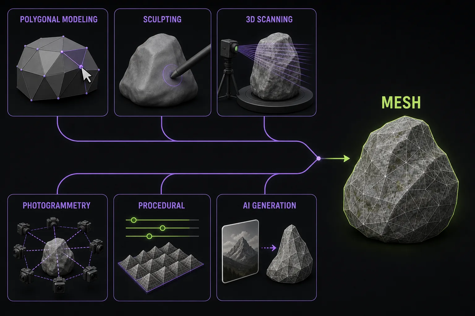 Polygonal modeling, sculpting, 3D scanning, photogrammetry, procedural generation, and AI generation all producing a polygon mesh