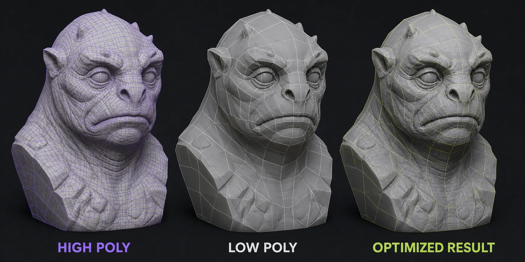 The same sculpt shown as a dense high-poly mesh, a simplified low-poly mesh, and an optimized low-poly result with baked surface detail