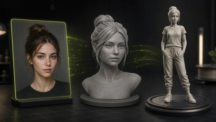 A portrait photo transformed into a 3D-printed figurine, showing the photo-to-statue workflow