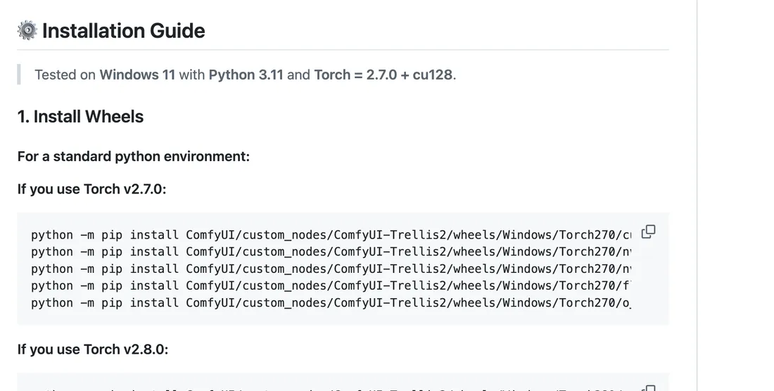 Installation commands from the visualbruno ComfyUI-Trellis2 README