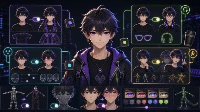 A 3D VTuber avatar with toggleable accessories like glasses, a jacket, and glowing eyes shown switching on and off