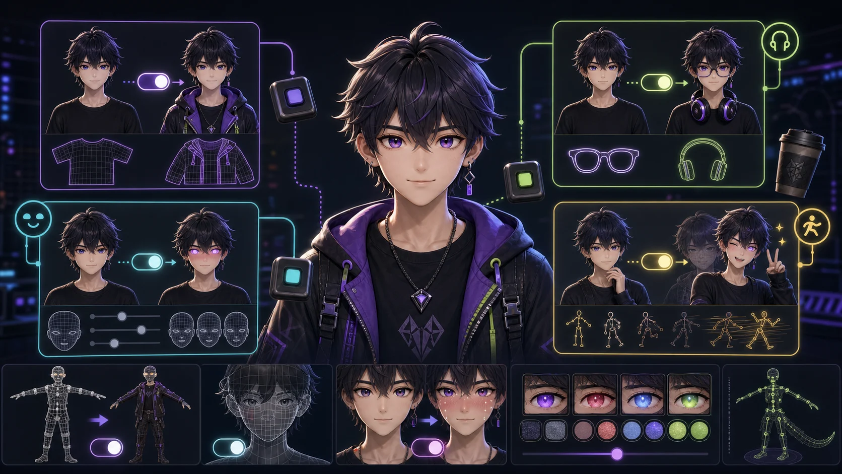 A 3D VTuber avatar with toggleable accessories like glasses, a jacket, and glowing eyes shown switching on and off