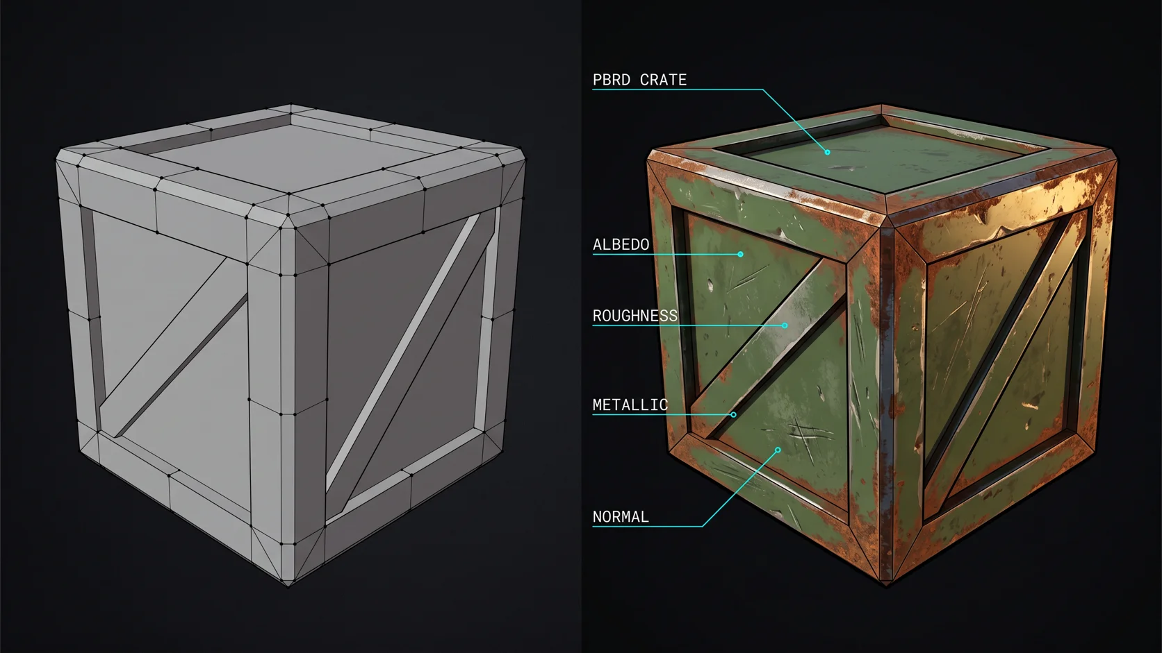 The six PBR texture maps laid out for one 3D model — albedo, normal, roughness, metallic, AO, height